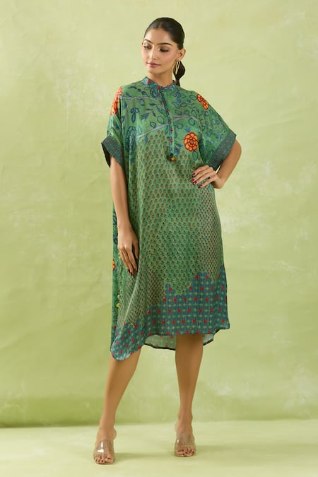 Shraddha Rambhia Green Silk Mandarin Collar Floral Printed Gajji Dress at Aza Fashions Shraddha Rambhia_Green Silk Mandarin Collar Floral Printed Gajji Dress_at_Aza_Fashions