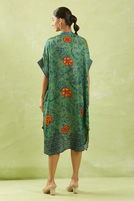 Shop Shraddha Rambhia Green Silk Mandarin Collar Floral Printed Gajji Dress at Aza Fashions Shop_Shraddha Rambhia_Green Silk Mandarin Collar Floral Printed Gajji Dress_at_Aza_Fashions