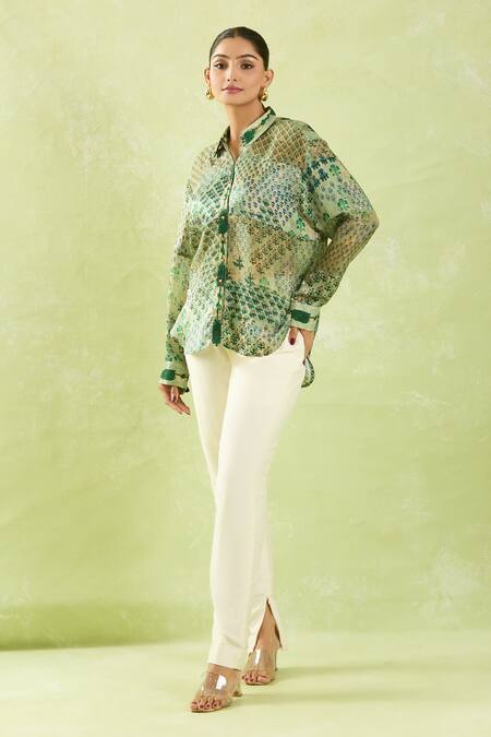 Shraddha Rambhia_Green Gingham Tassels, Embroidery Shawl High-low Floral Mughal Printed Shirt_Online_at_Aza_Fashions
