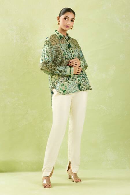 Buy_Shraddha Rambhia_Green Gingham Tassels, Embroidery Shawl High-low Floral Mughal Printed Shirt_Online_at_Aza_Fashions