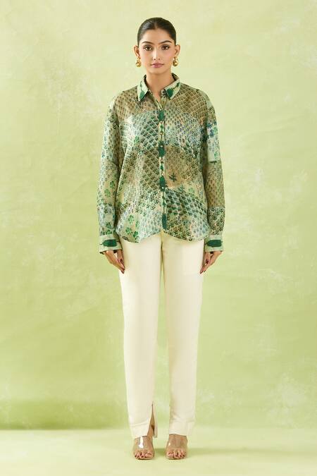 Shop_Shraddha Rambhia_Green Gingham Tassels, Embroidery Shawl High-low Floral Mughal Printed Shirt_Online_at_Aza_Fashions