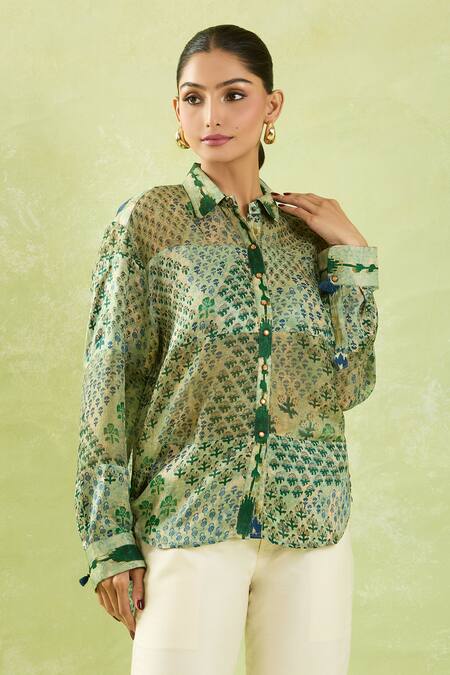 Shraddha Rambhia_Green Gingham Tassels, Embroidery Shawl High-low Floral Mughal Printed Shirt_at_Aza_Fashions