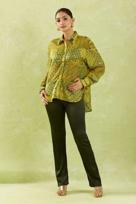 Shraddha Rambhia_Yellow Gingham, Silk Tassels Shawl Neck Floral Mughal Print High-low Shirt_Online_at_Aza_Fashions