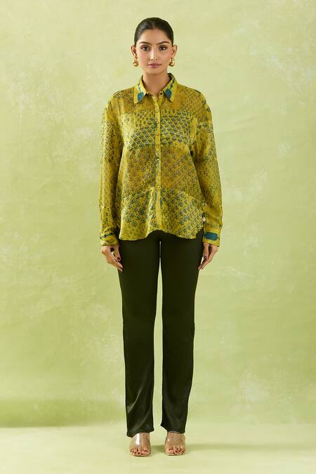 Buy_Shraddha Rambhia_Yellow Gingham, Silk Tassels Shawl Neck Floral Mughal Print High-low Shirt_Online_at_Aza_Fashions