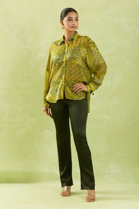 Shop_Shraddha Rambhia_Yellow Gingham, Silk Tassels Shawl Neck Floral Mughal Print High-low Shirt_Online_at_Aza_Fashions