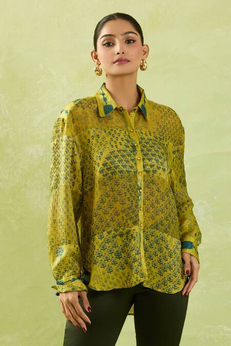 Shraddha Rambhia_Yellow Gingham, Silk Tassels Shawl Neck Floral Mughal Print High-low Shirt_at_Aza_Fashions