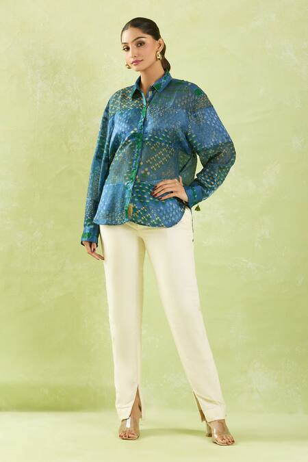 Shraddha Rambhia Blue Gingham, Silk Tassels, Embroidery Shawl Floral Mughal Print High-low Shirt Online at Aza Fashions Shraddha Rambhia_Blue Gingham, Silk Tassels, Embroidery Shawl Floral Mughal Print High-low Shirt_Online_at_Aza_Fashions