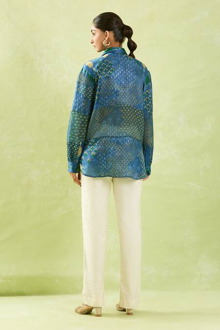 Shop Shraddha Rambhia Blue Gingham, Silk Tassels, Embroidery Shawl Floral Mughal Print High-low Shirt at Aza Fashions Shop_Shraddha Rambhia_Blue Gingham, Silk Tassels, Embroidery Shawl Floral Mughal Print High-low Shirt_at_Aza_Fashions