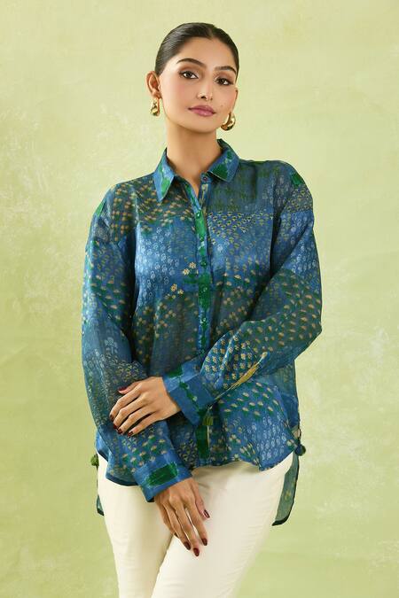 Shop Shraddha Rambhia Blue Gingham, Silk Tassels, Embroidery Shawl Floral Mughal Print High-low Shirt Online at Aza Fashions Shop_Shraddha Rambhia_Blue Gingham, Silk Tassels, Embroidery Shawl Floral Mughal Print High-low Shirt_Online_at_Aza_Fashions