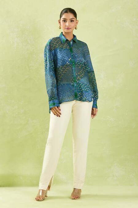Shraddha Rambhia Blue Gingham, Silk Tassels, Embroidery Shawl Floral Mughal Print High-low Shirt at Aza Fashions Shraddha Rambhia_Blue Gingham, Silk Tassels, Embroidery Shawl Floral Mughal Print High-low Shirt_at_Aza_Fashions