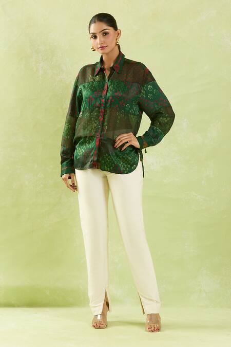 Shraddha Rambhia Green Gajji Silk Printed Floral Mughal Shirt Collar Bottle Online at Aza Fashions Shraddha Rambhia_Green Gajji Silk Printed Floral Mughal Shirt Collar Bottle_Online_at_Aza_Fashions