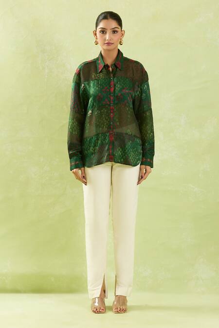Buy Shraddha Rambhia Green Gajji Silk Printed Floral Mughal Shirt Collar Bottle Online at Aza Fashions Buy_Shraddha Rambhia_Green Gajji Silk Printed Floral Mughal Shirt Collar Bottle_Online_at_Aza_Fashions