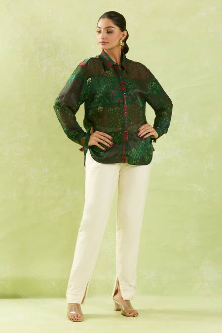 Shop Shraddha Rambhia Green Gajji Silk Printed Floral Mughal Shirt Collar Bottle Online at Aza Fashions Shop_Shraddha Rambhia_Green Gajji Silk Printed Floral Mughal Shirt Collar Bottle_Online_at_Aza_Fashions