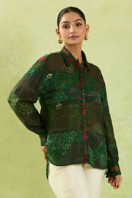 Shraddha Rambhia Green Gajji Silk Printed Floral Mughal Shirt Collar Bottle at Aza Fashions Shraddha Rambhia_Green Gajji Silk Printed Floral Mughal Shirt Collar Bottle_at_Aza_Fashions
