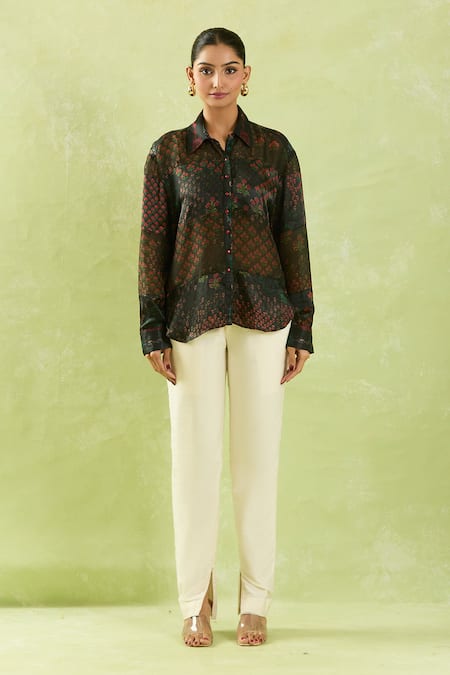 Shraddha Rambhia Black Gajji Silk Printed Floral Mughal Shirt Collar Online at Aza Fashions Shraddha Rambhia_Black Gajji Silk Printed Floral Mughal Shirt Collar _Online_at_Aza_Fashions