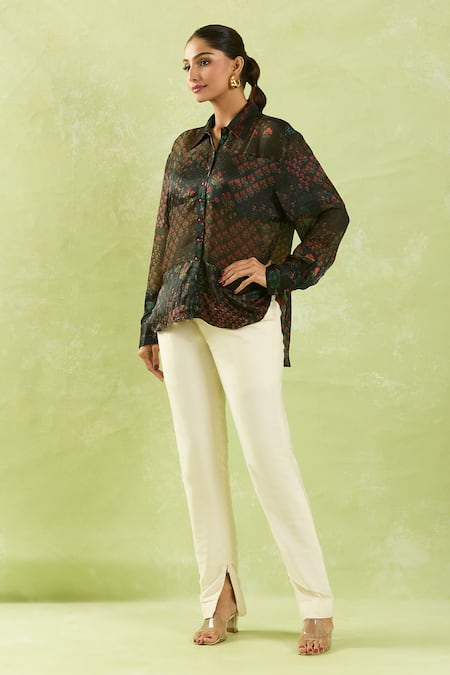Buy Shraddha Rambhia Black Gajji Silk Printed Floral Mughal Shirt Collar Online at Aza Fashions Buy_Shraddha Rambhia_Black Gajji Silk Printed Floral Mughal Shirt Collar _Online_at_Aza_Fashions