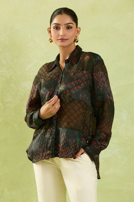 Shop Shraddha Rambhia Black Gajji Silk Printed Floral Mughal Shirt Collar Online at Aza Fashions Shop_Shraddha Rambhia_Black Gajji Silk Printed Floral Mughal Shirt Collar _Online_at_Aza_Fashions