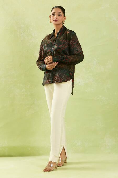 Shraddha Rambhia Black Gajji Silk Printed Floral Mughal Shirt Collar at Aza Fashions Shraddha Rambhia_Black Gajji Silk Printed Floral Mughal Shirt Collar _at_Aza_Fashions
