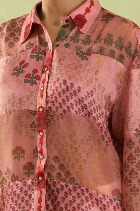 Shraddha Rambhia_Pink Gajji Silk Printed Floral Mughal Shirt Collar With Tassels_Online_at_Aza_Fashions