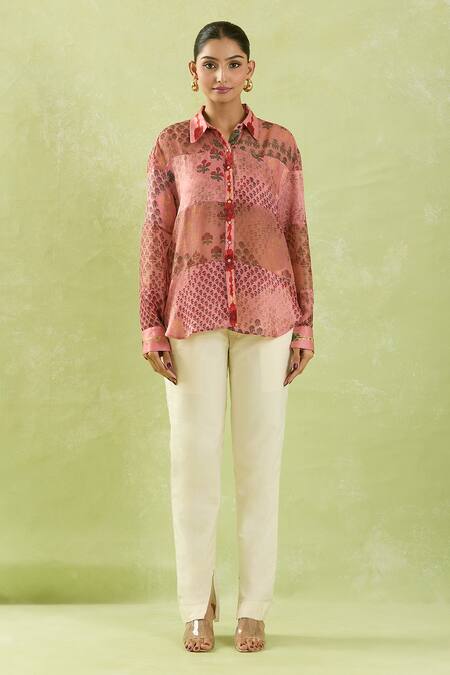 Buy_Shraddha Rambhia_Pink Gajji Silk Printed Floral Mughal Shirt Collar With Tassels_Online_at_Aza_Fashions