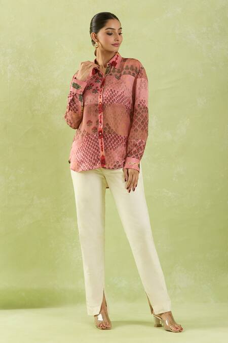 Shop_Shraddha Rambhia_Pink Gajji Silk Printed Floral Mughal Shirt Collar With Tassels_Online_at_Aza_Fashions
