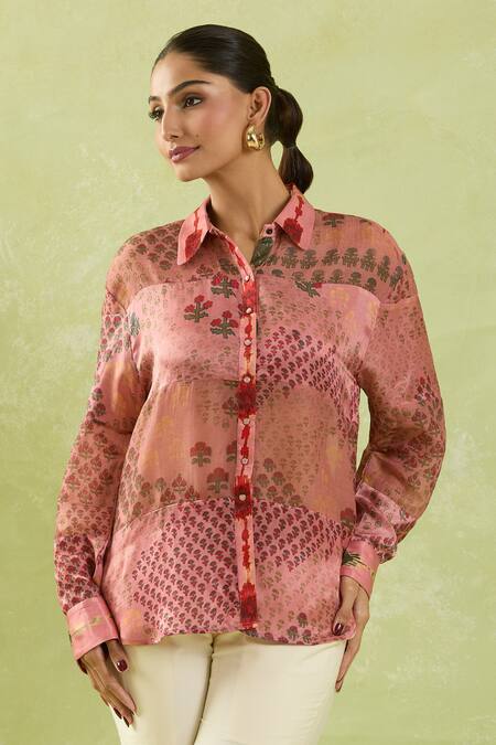 Shraddha Rambhia_Pink Gajji Silk Printed Floral Mughal Shirt Collar With Tassels_at_Aza_Fashions