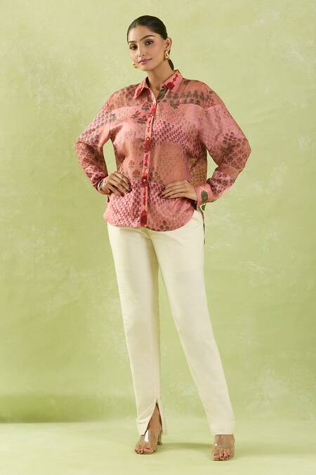 Buy_Shraddha Rambhia_Pink Gajji Silk Printed Floral Mughal Shirt Collar With Tassels