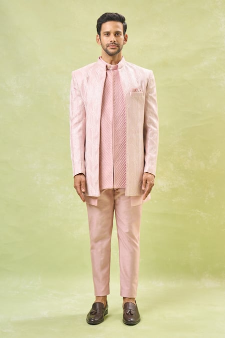 Rng Safawala Pink Cotton, Silk Embroidery Geometric Bandhgala Set Online at Aza Fashions Rng Safawala_Pink Cotton, Silk Embroidery Geometric Bandhgala Set_Online_at_Aza_Fashions