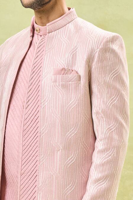 Shop Rng Safawala Pink Cotton, Silk Embroidery Geometric Bandhgala Set Online at Aza Fashions Shop_Rng Safawala_Pink Cotton, Silk Embroidery Geometric Bandhgala Set_Online_at_Aza_Fashions