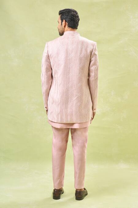 Shop Rng Safawala Pink Cotton, Silk Embroidery Geometric Bandhgala Set at Aza Fashions Shop_Rng Safawala_Pink Cotton, Silk Embroidery Geometric Bandhgala Set_at_Aza_Fashions