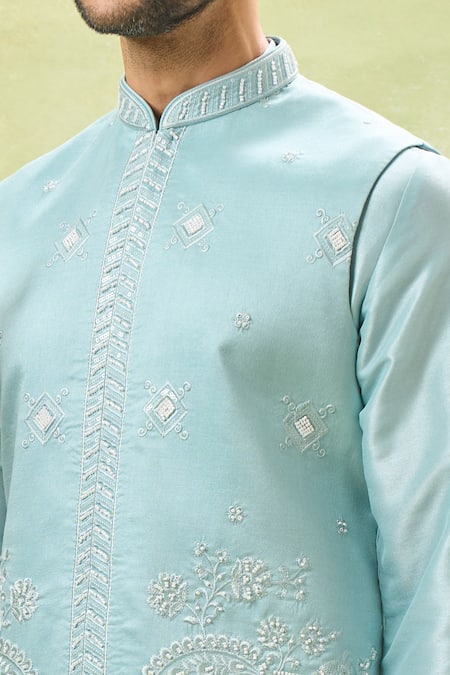 Rng Safawala Blue Muslin, Silk Pearls, Cut Work Paisley Embroidered Bundi And Kurta Set Online at Aza Fashions Rng Safawala_Blue Muslin, Silk Pearls, Cut Work Paisley Embroidered Bundi And Kurta Set _Online_at_Aza_Fashions