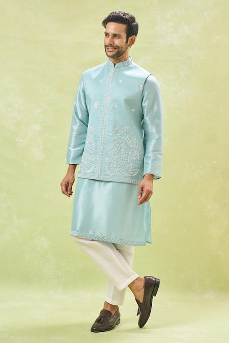 Rng Safawala Blue Muslin, Silk Pearls, Cut Work Paisley Embroidered Bundi And Kurta Set at Aza Fashions Rng Safawala_Blue Muslin, Silk Pearls, Cut Work Paisley Embroidered Bundi And Kurta Set _at_Aza_Fashions