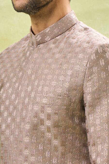 Rng Safawala_Off White Silk Sequins Grey Embroidered Achkan Set_at_Aza_Fashions