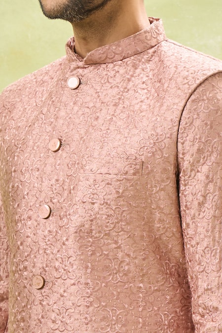 Rng Safawala_Pink Silk Embroidery Thread Bundi And Kurta Set_at_Aza_Fashions