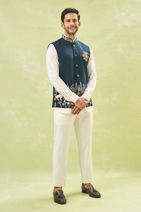 RNG Safawala Wildlife Embroidered Nehru Jacket 