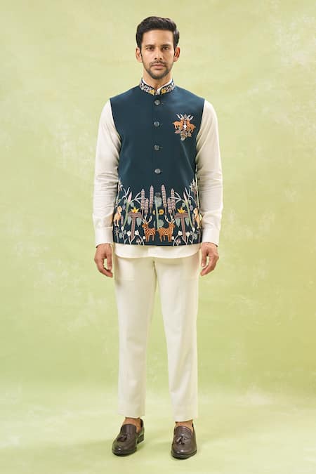 Rng Safawala_Green Silk Embroidery Wildlife Nehru Jacket _Online_at_Aza_Fashions