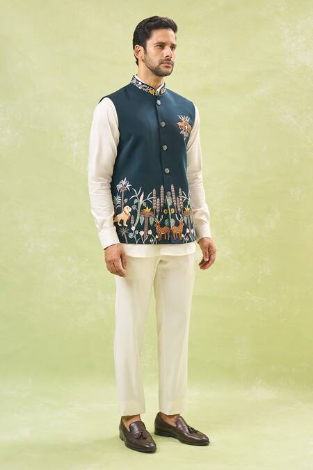 Buy_Rng Safawala_Green Silk Embroidery Wildlife Nehru Jacket _Online_at_Aza_Fashions