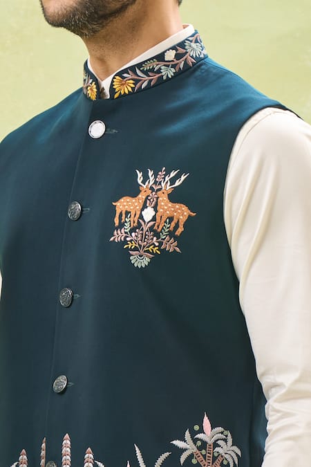 Shop_Rng Safawala_Green Silk Embroidery Wildlife Nehru Jacket _Online_at_Aza_Fashions
