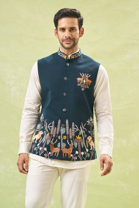 Rng Safawala_Green Silk Embroidery Wildlife Nehru Jacket _at_Aza_Fashions