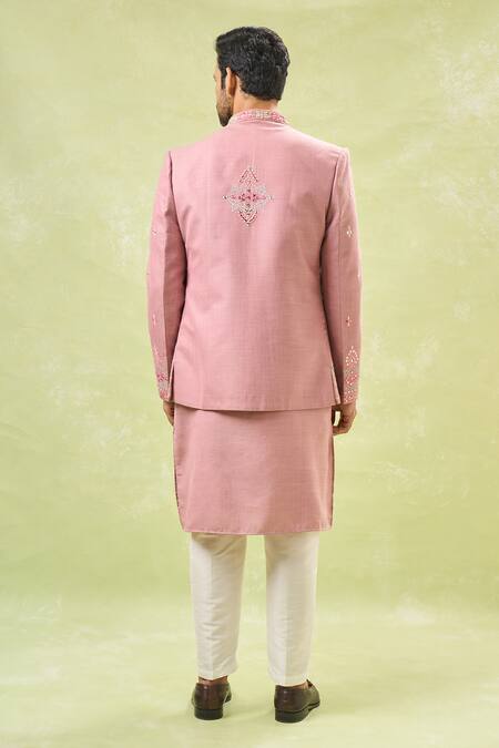 Shop Rng Safawala Purple Silk, Cotton Mirrors, Embroidery Bandhgala And Kurta Set at Aza Fashions Shop_Rng Safawala_Purple Silk, Cotton Mirrors, Embroidery Bandhgala And Kurta Set_at_Aza_Fashions