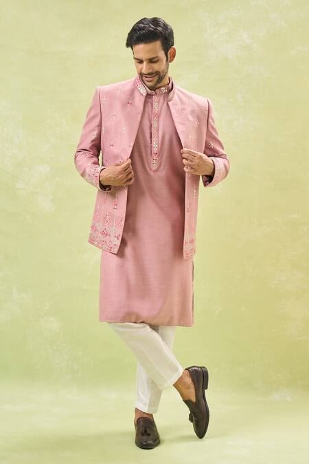 Shop Rng Safawala Purple Silk, Cotton Mirrors, Embroidery Bandhgala And Kurta Set Online at Aza Fashions Shop_Rng Safawala_Purple Silk, Cotton Mirrors, Embroidery Bandhgala And Kurta Set_Online_at_Aza_Fashions