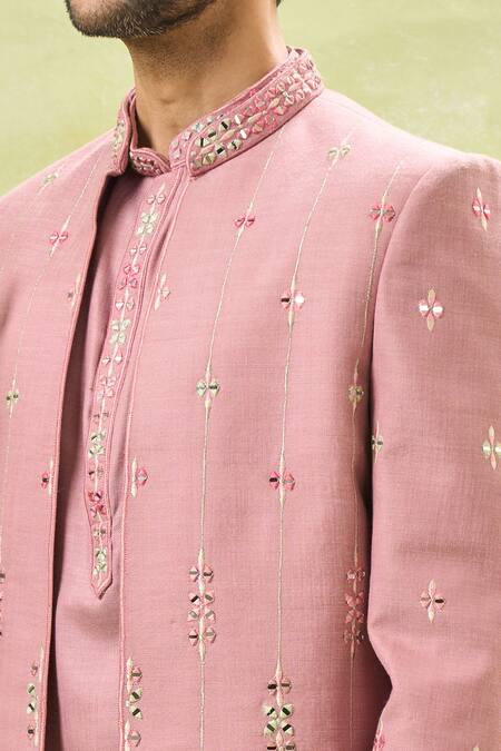 Rng Safawala Purple Silk, Cotton Mirrors, Embroidery Bandhgala And Kurta Set at Aza Fashions Rng Safawala_Purple Silk, Cotton Mirrors, Embroidery Bandhgala And Kurta Set_at_Aza_Fashions