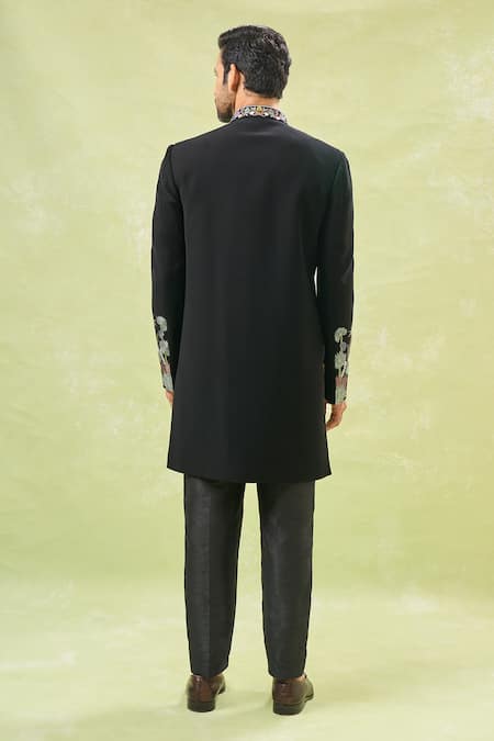 Shop Rng Safawala Black Silk Embroidery Wildlife Achkan Set at Aza Fashions Shop_Rng Safawala_Black Silk Embroidery Wildlife Achkan Set _at_Aza_Fashions