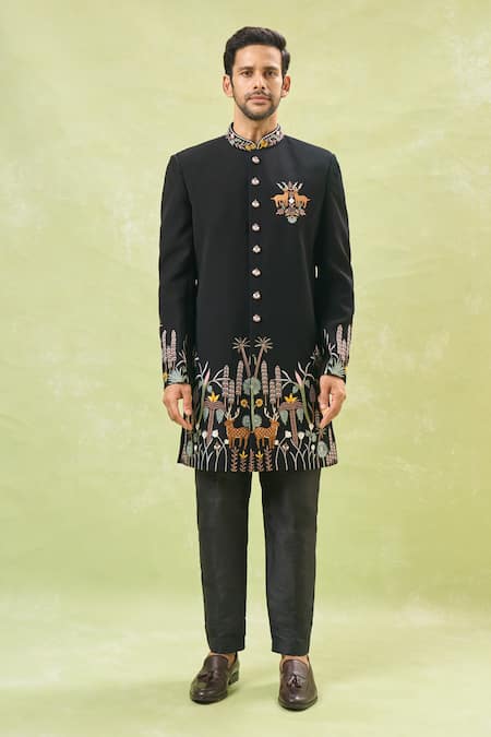 Buy Rng Safawala Black Silk Embroidery Wildlife Achkan Set Online at Aza Fashions Buy_Rng Safawala_Black Silk Embroidery Wildlife Achkan Set _Online_at_Aza_Fashions