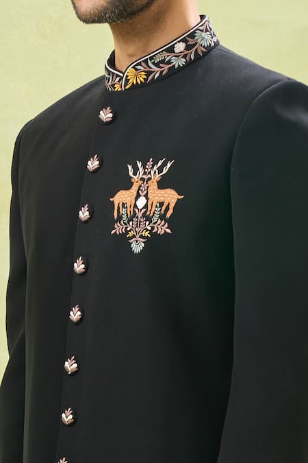 Shop Rng Safawala Black Silk Embroidery Wildlife Achkan Set Online at Aza Fashions Shop_Rng Safawala_Black Silk Embroidery Wildlife Achkan Set _Online_at_Aza_Fashions
