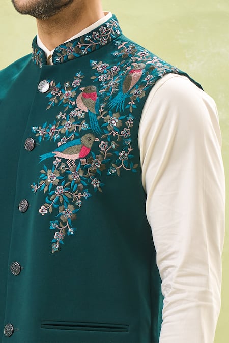 Rng Safawala Green Silk Embroidery Wildlife Teal Bundi Online at Aza Fashions Rng Safawala_Green Silk Embroidery Wildlife Teal Bundi _Online_at_Aza_Fashions