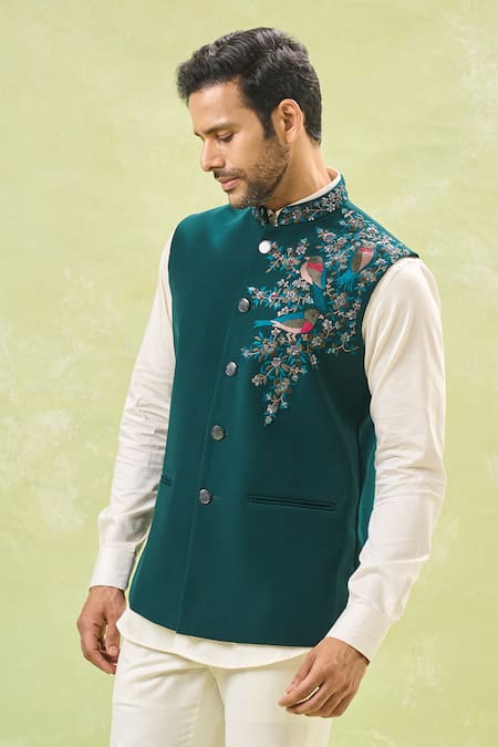 Shop Rng Safawala Green Silk Embroidery Wildlife Teal Bundi Online at Aza Fashions Shop_Rng Safawala_Green Silk Embroidery Wildlife Teal Bundi _Online_at_Aza_Fashions