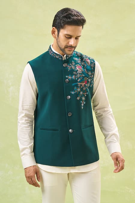 Rng Safawala Green Silk Embroidery Wildlife Teal Bundi at Aza Fashions Rng Safawala_Green Silk Embroidery Wildlife Teal Bundi _at_Aza_Fashions