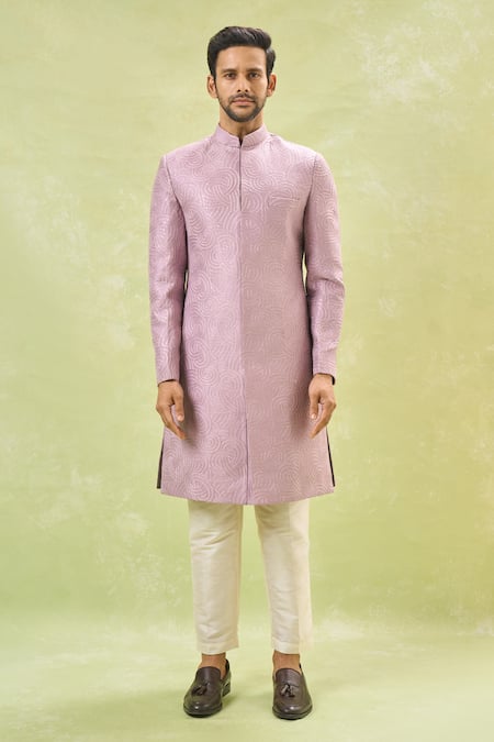 Rng Safawala_Off White Silk Sequins, Embroidery Purple Thread Work Achkan Set _Online_at_Aza_Fashions