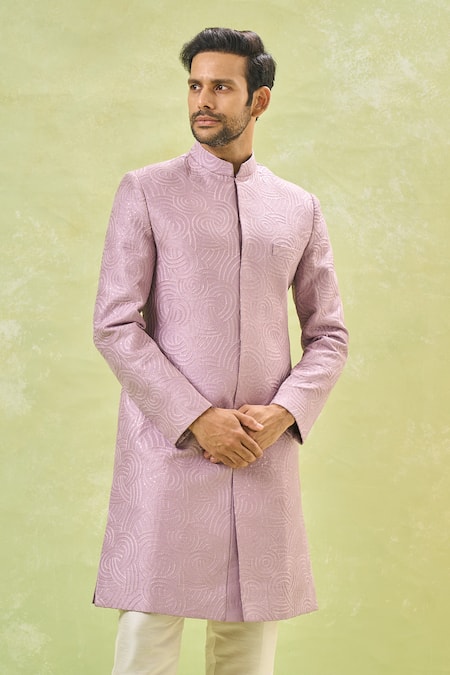 Shop_Rng Safawala_Off White Silk Sequins, Embroidery Purple Thread Work Achkan Set _Online_at_Aza_Fashions